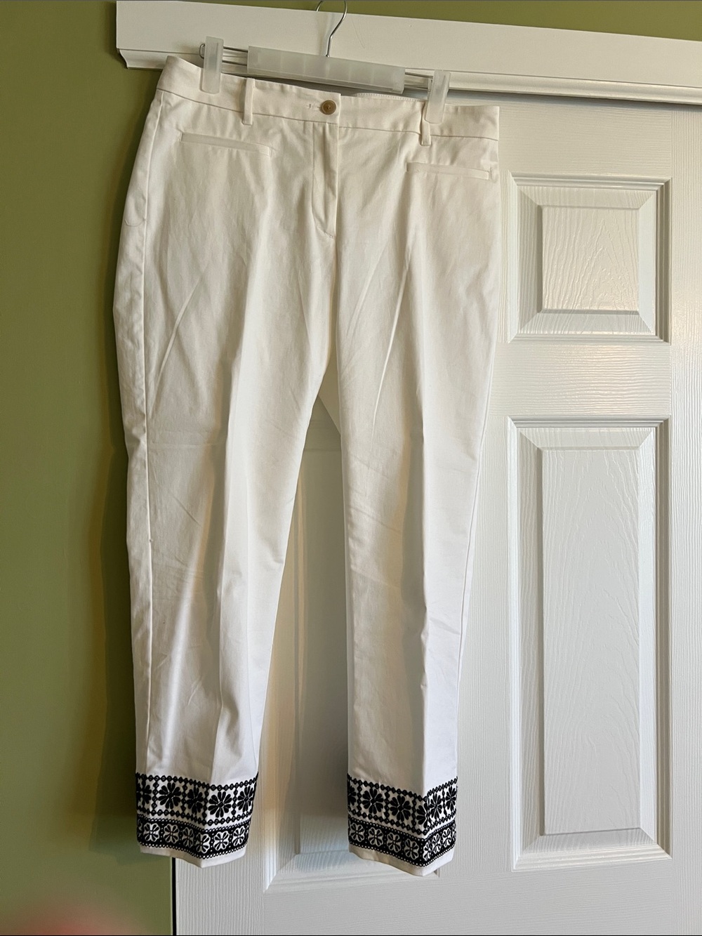 Ann Taylor White Chinos with Black Embroidered Cuffs